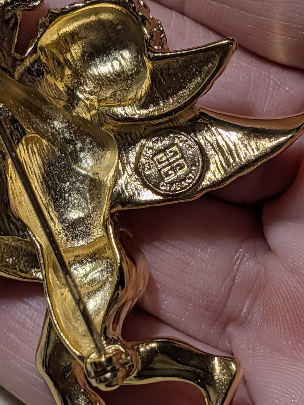 Givenchy Vintage Angel Pin Brooch Cherub Harp Rhinestone Gold Signed - Picture 2 of 14